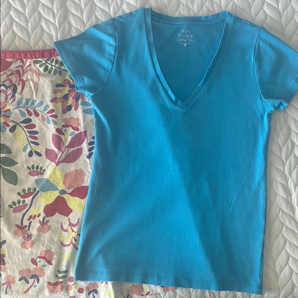 J Crew Fine Rib Cotton Blue V-Neck T-Shirt